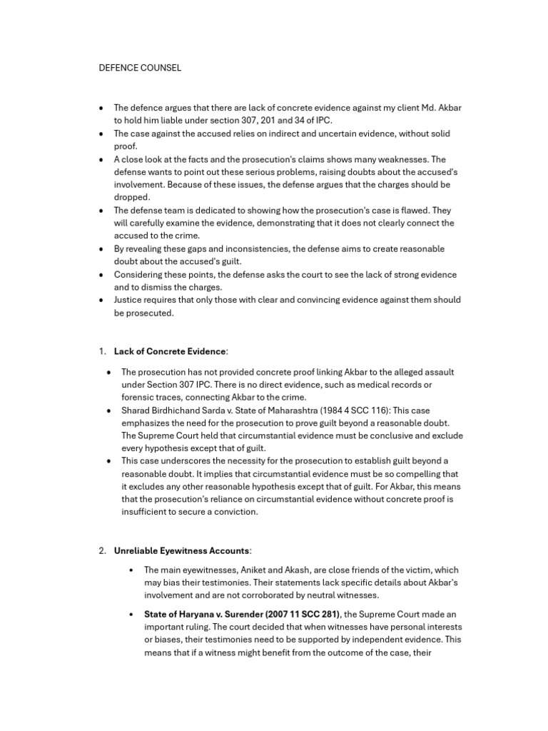Defense Argument: Lack of Evidence in IPC Case | PDF | Witness ...