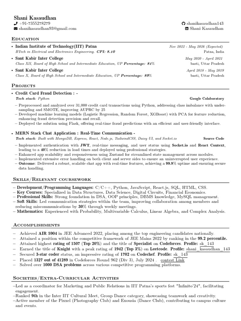 Shani Kasaudhan: IIT Patna Resume | PDF | Computing | Computer Science