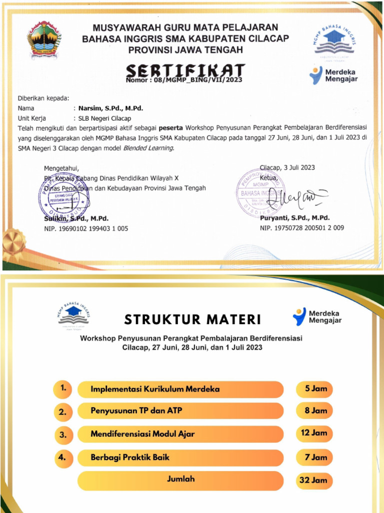Sertifikat Pembelajaran Berdiferensiasi Narsim, S.PD., M.Pd. | PDF