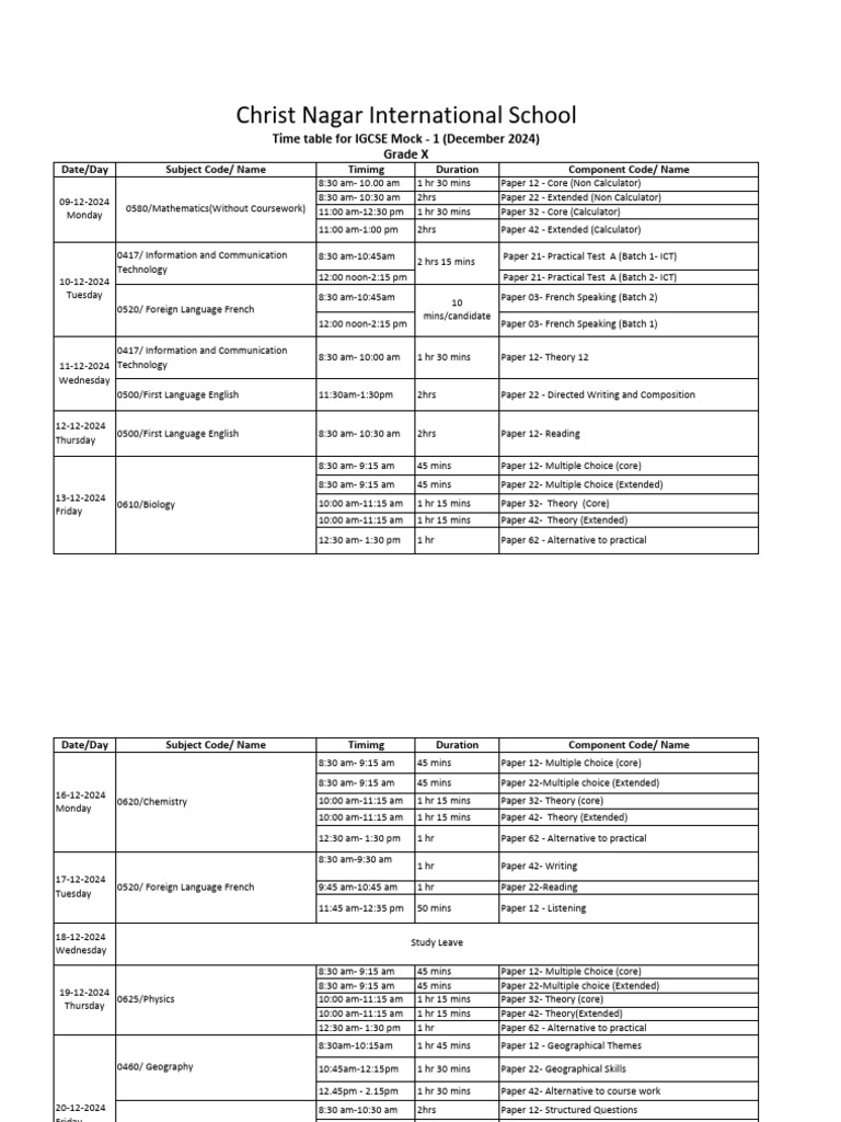 IGCSE Mock Exam Timetable Dec 2024 | PDF | Science