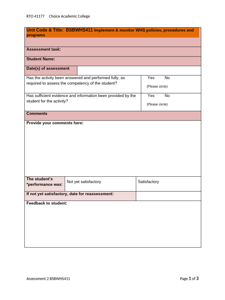 BSBWHS411 Assessment Overview | PDF | Occupational Safety And Health ...