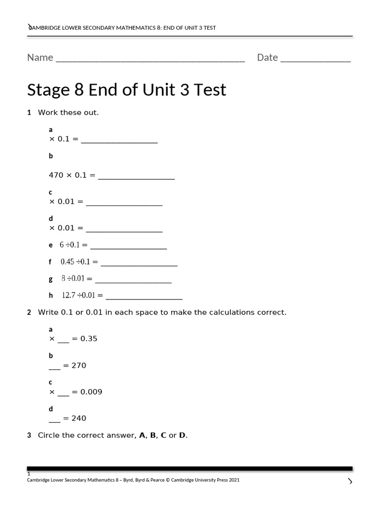 Stage 8 Unit 3 Maths Test | PDF | Applied Mathematics | Significant Figures