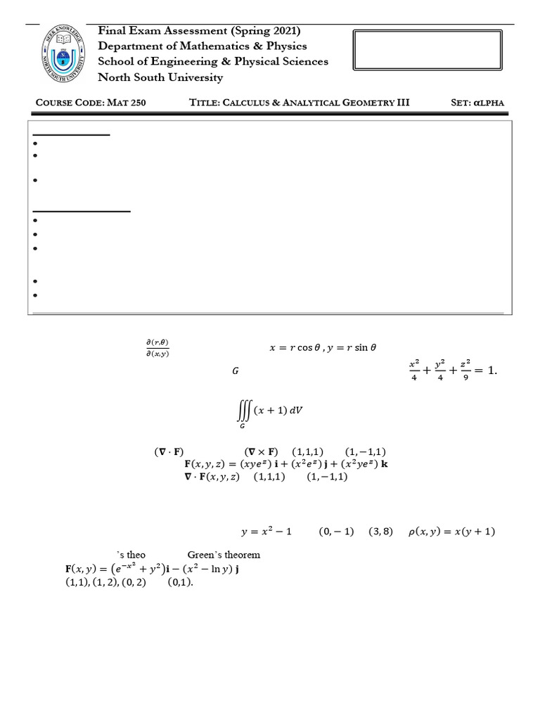 MAT 250 Final Exam Instructions | PDF | Divergence | Mathematical Physics