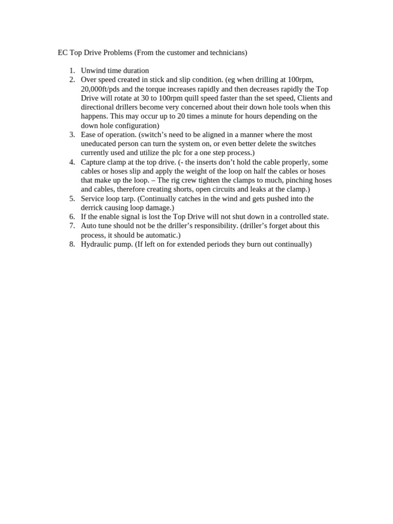 EC Top Drive Problems REPORTS | PDF
