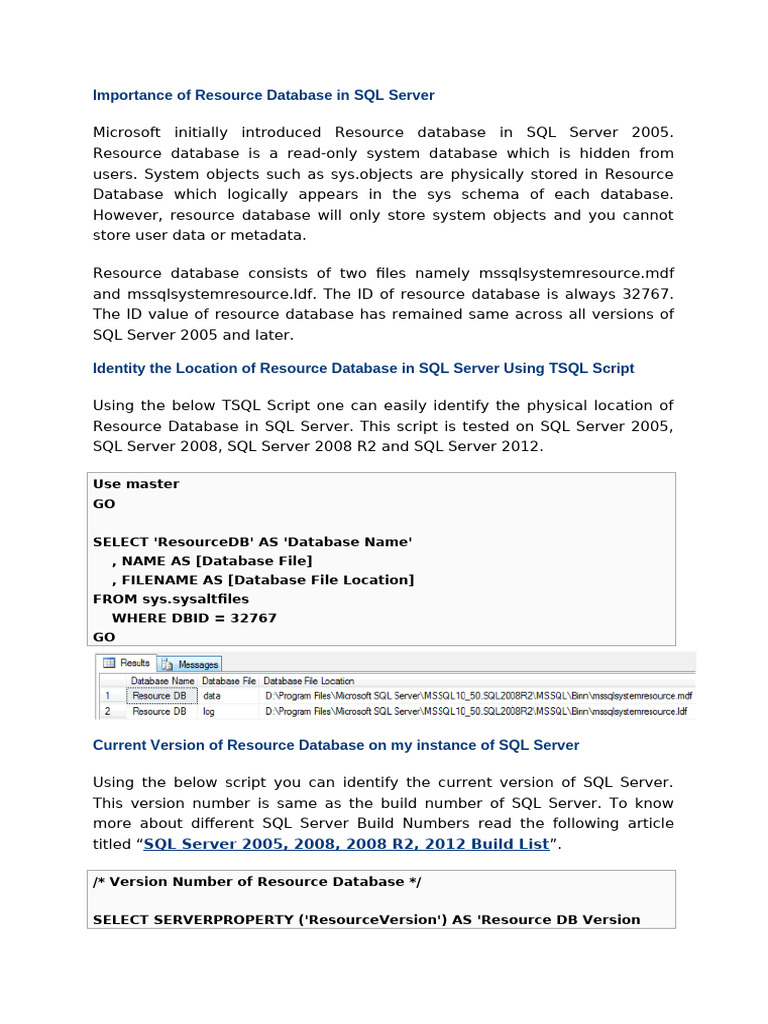 Resource Database in SQL Server | PDF
