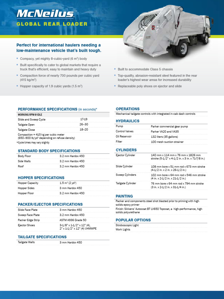Global Rear Loader Specifications Guide | PDF | Vehicles | Motor Vehicle