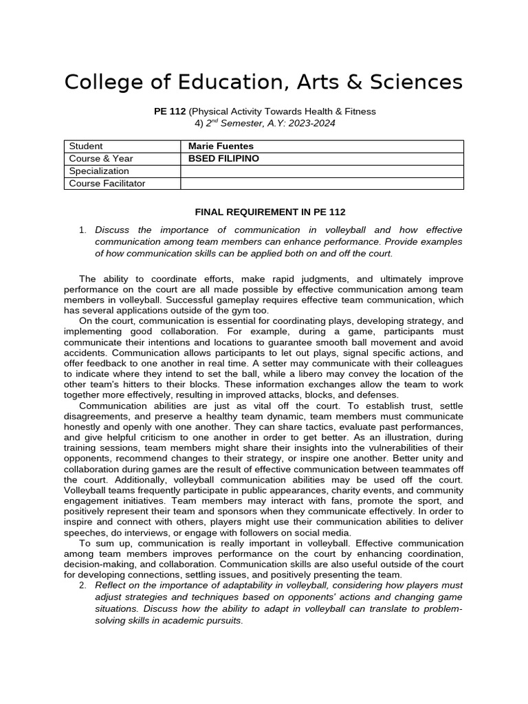 Final Requirement in Pe 112 | PDF | Volleyball | Communication