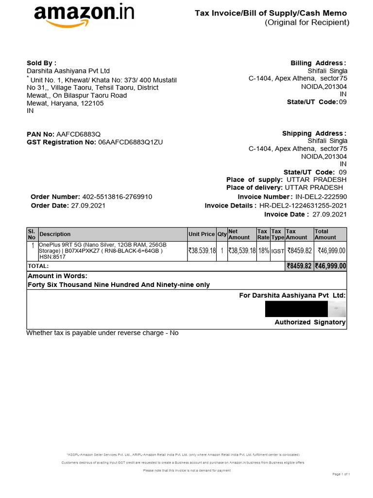 Amazon Invoice for OnePlus 9RT Purchase | PDF | Invoice | Taxes