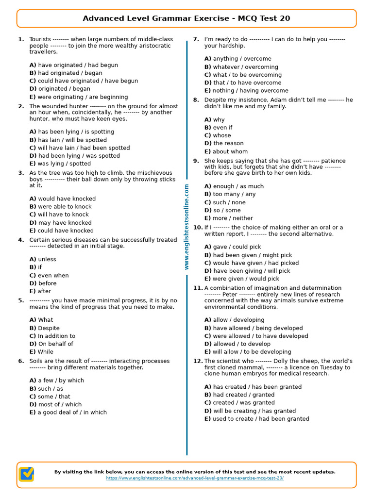 Advanced Grammar MCQ Test 20 | PDF | Cloning