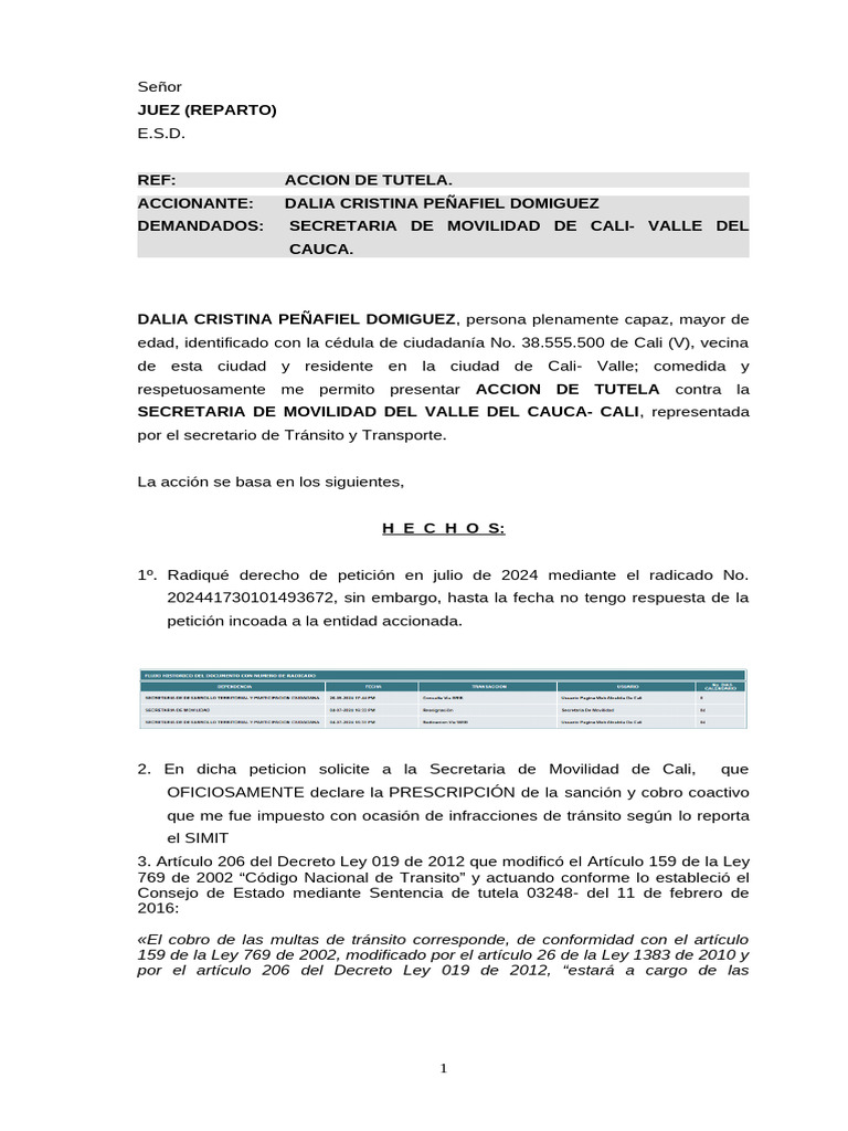 Accion de Tutela Transito | PDF | Petición | Caso de ley
