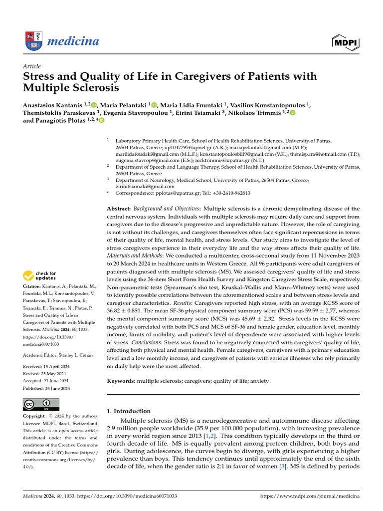 Kantanis Et Al. Stress and Quality of Life in Caregivers of Patients ...