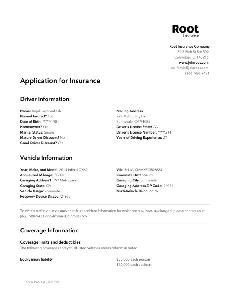Root Insurance Policy Details for CA | PDF | Insurance | Vehicle Insurance