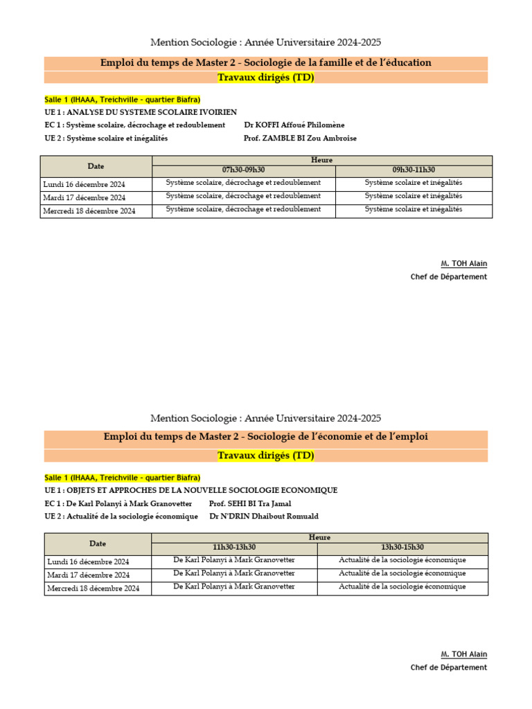 Emploi du temps Master 2 Sociologie 2024-2025 | PDF | Enseignement des ...