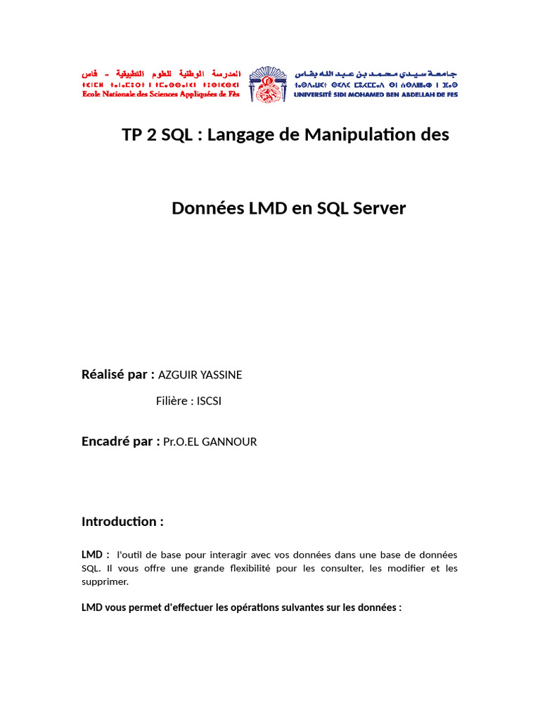 TP SQL : Manipulation des Données LMD | PDF | SQL | Microsoft SQL Server