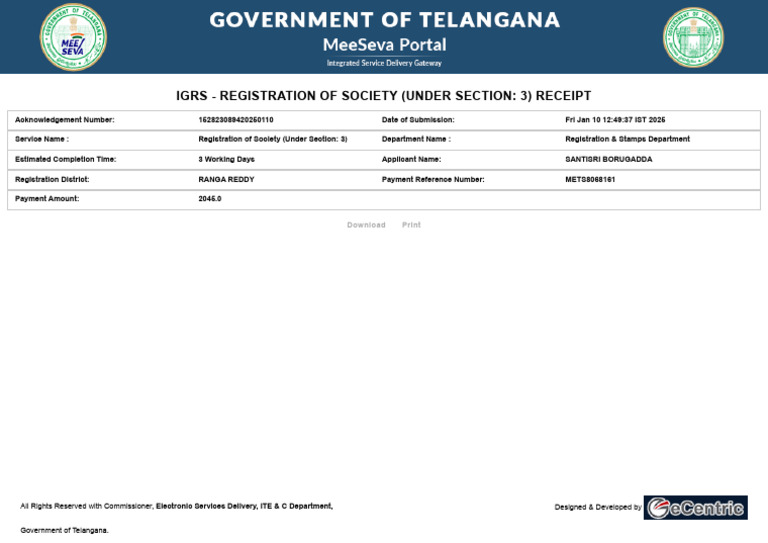 IGRS Society Registration Receipt | PDF