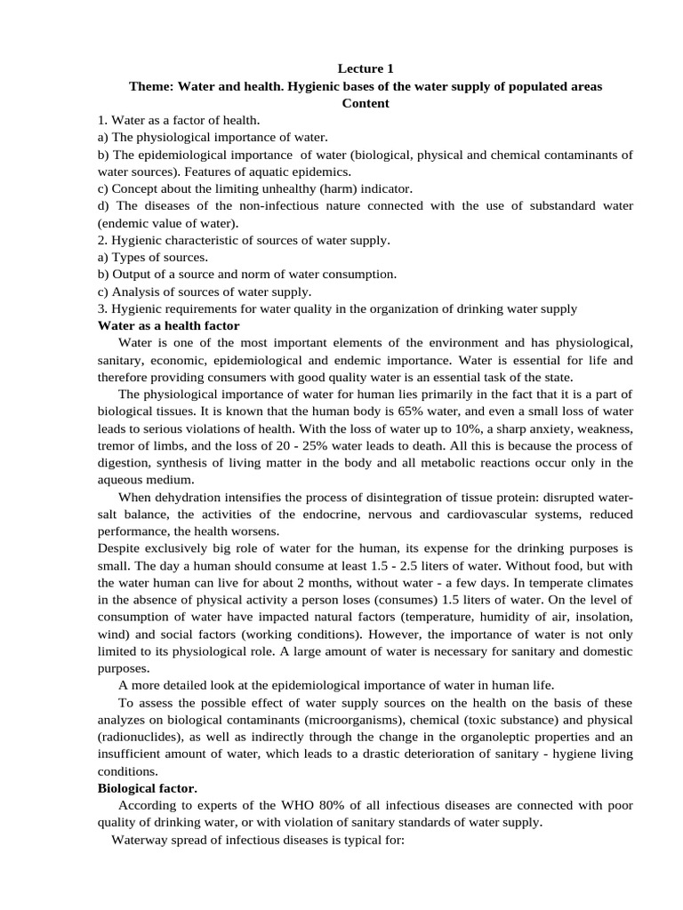 LECTURE NO.1,2(Water and Health),(Methods of improvement of water ...
