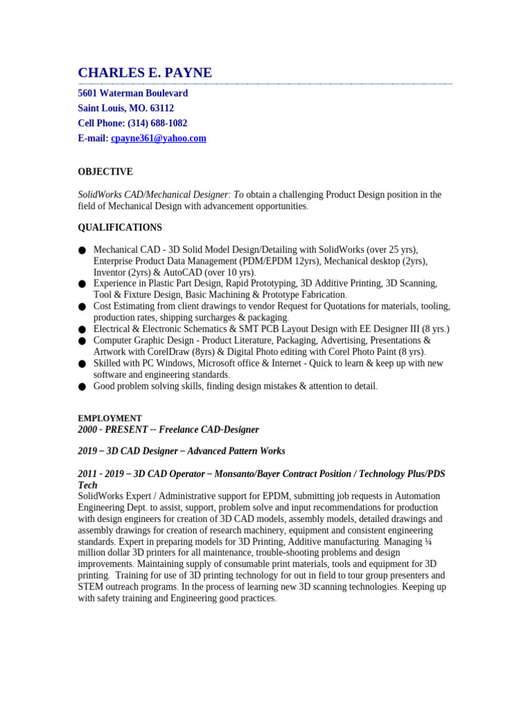Charles Payne CAD Designer Resume 2019 | PDF | Computer Aided Design ...
