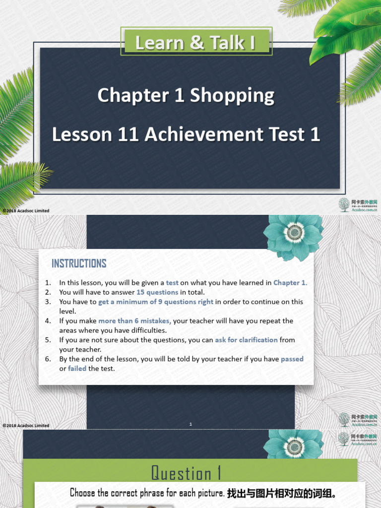 Learn & Talk I: Chapter 1 Shopping Lesson 11 Achievement Test 1 | PDF