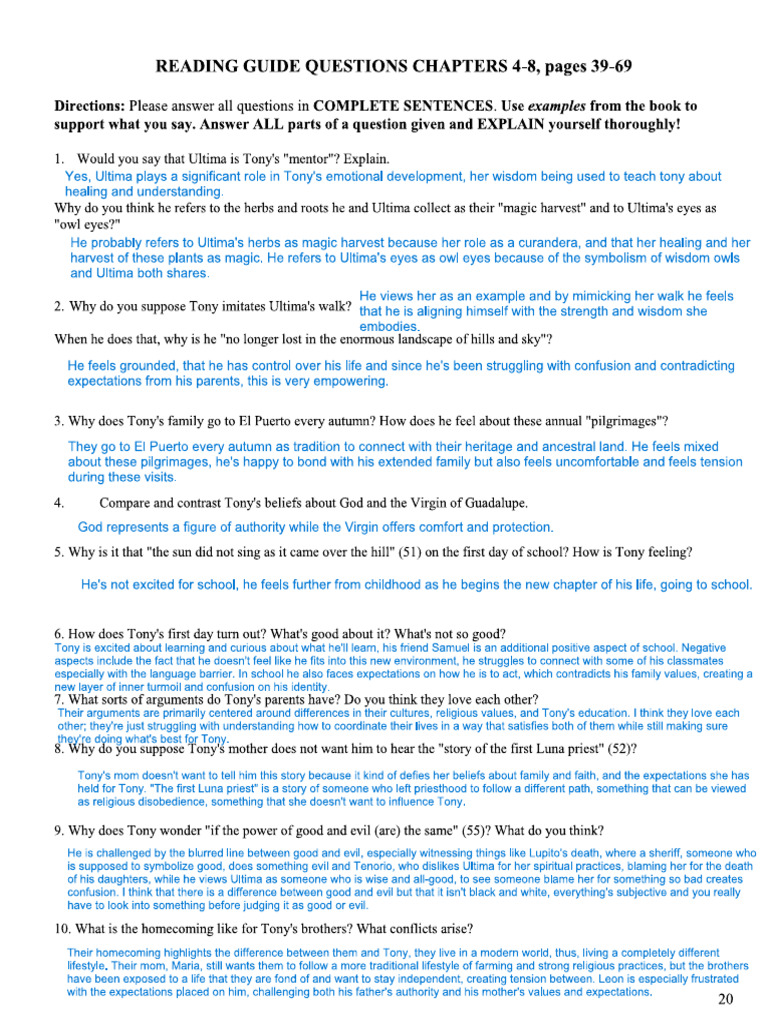 Bless Me Ultima Reading Guide Questions Chapters 4-22 | PDF