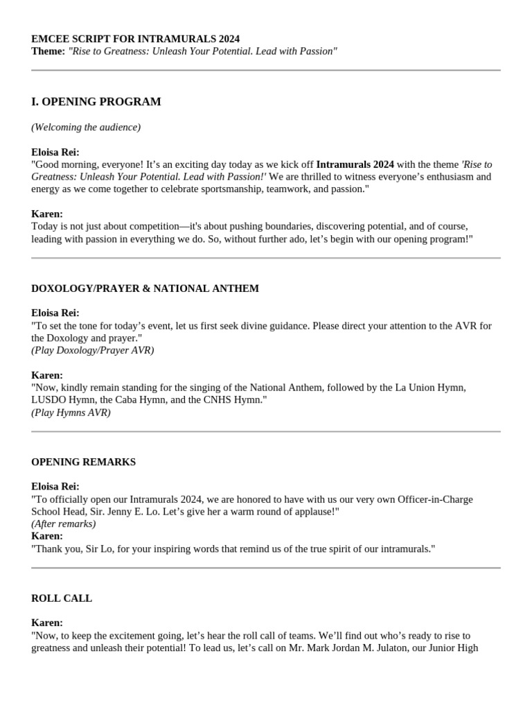 Intramurals 2024 Emcee Script | PDF