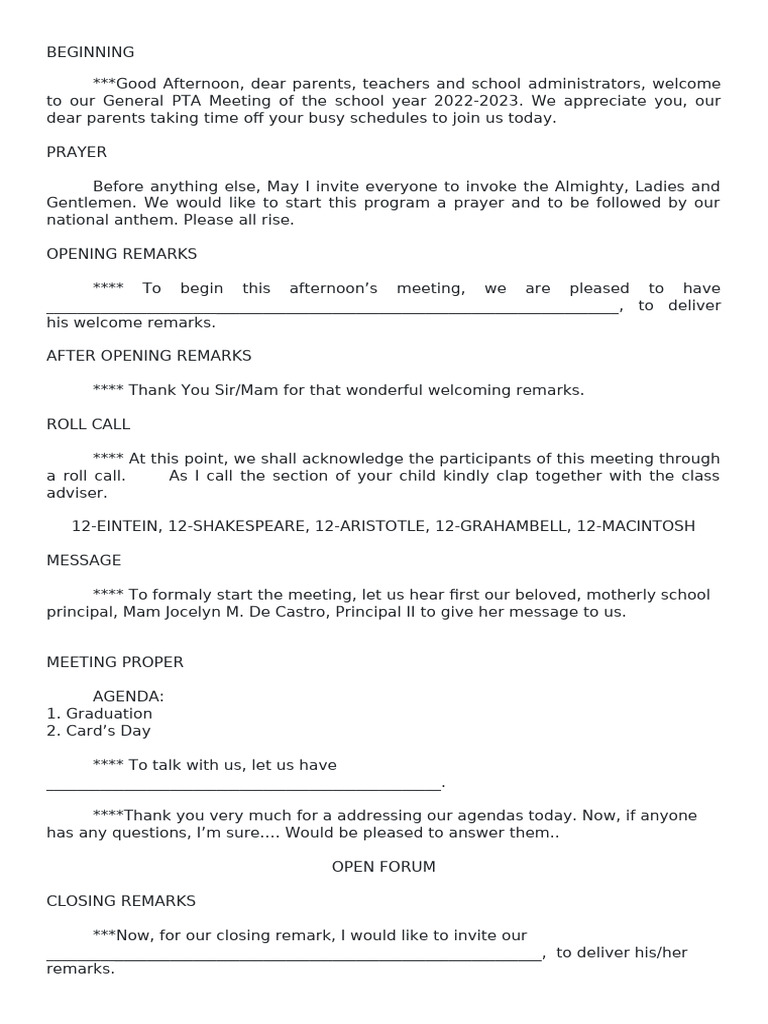 Pta Meeting Emcee Script | PDF