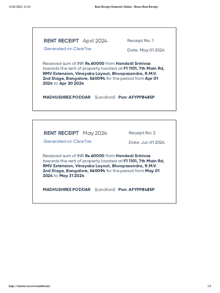 Bangalore Rent Receipts 2024-2025 | PDF