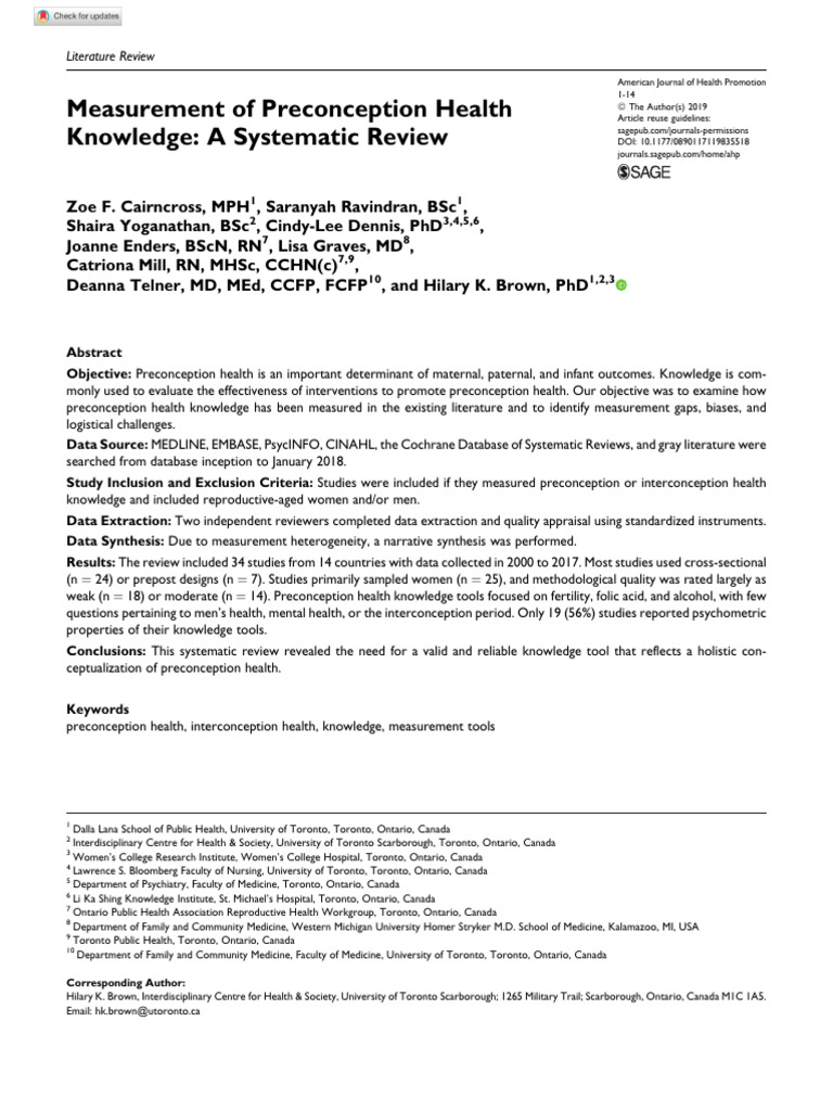 Measurement of Preconception Health Knowledge: A Systematic Review ...