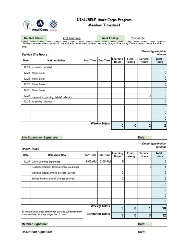 AmeriCorps Member Timesheet Template | PDF
