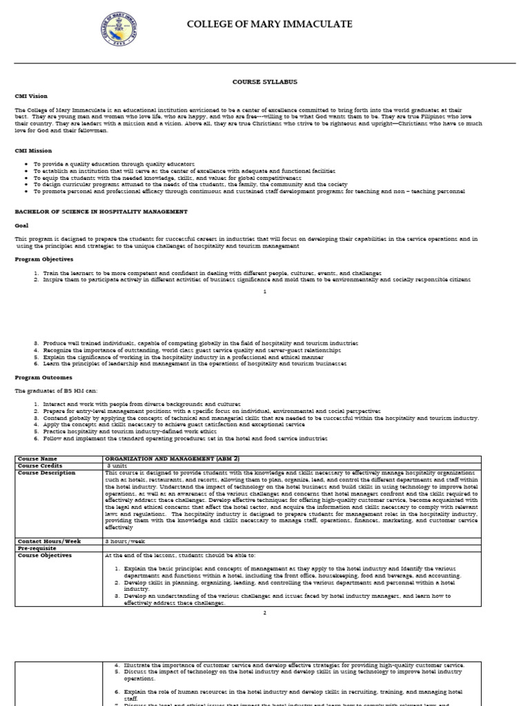 Course Syllabus: Hospitality Management | PDF | Human Resources | Human ...