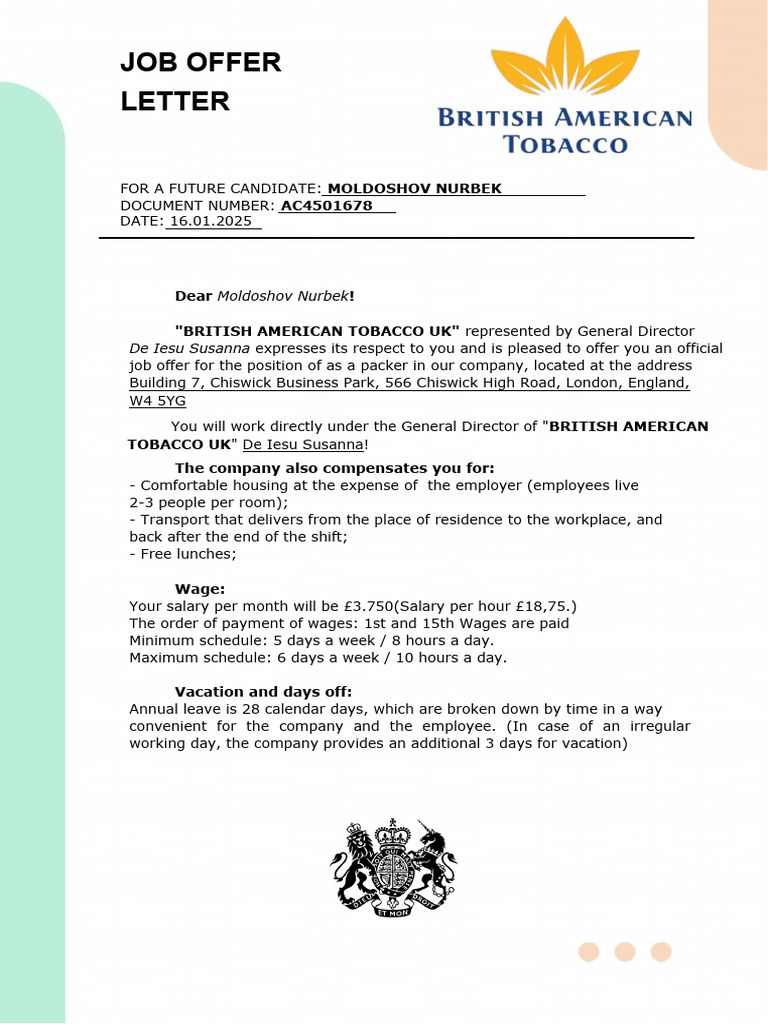 Job Offer Letter for Moldoshov Nurbek
