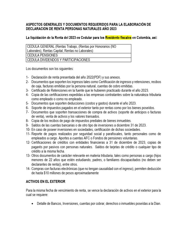 Documentos para Declaración de Renta 2023 | PDF