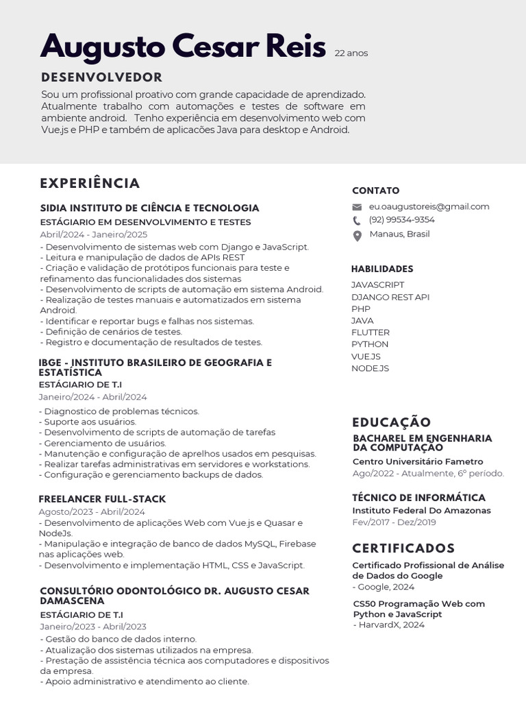 Currículo de Desenvolvedor Full Stack | PDF | Script Java | Rede ...