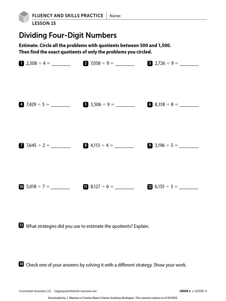 Grade 4 Division Practice Worksheet | PDF