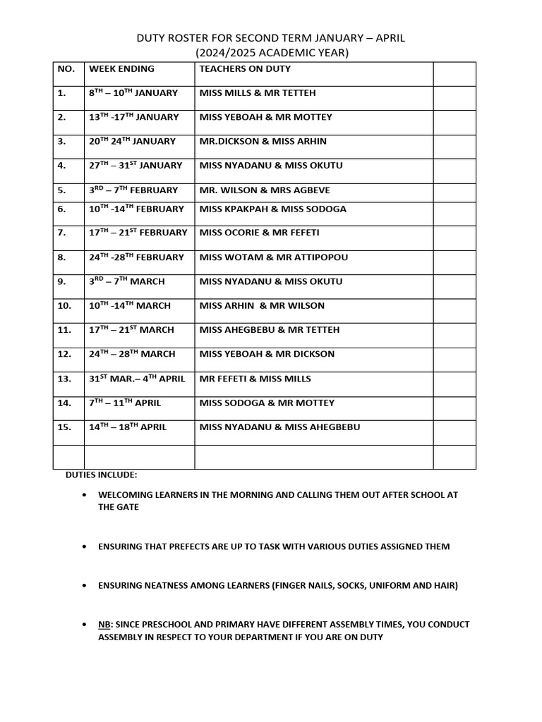 Second Term Teacher Duty Roster 2024 | PDF