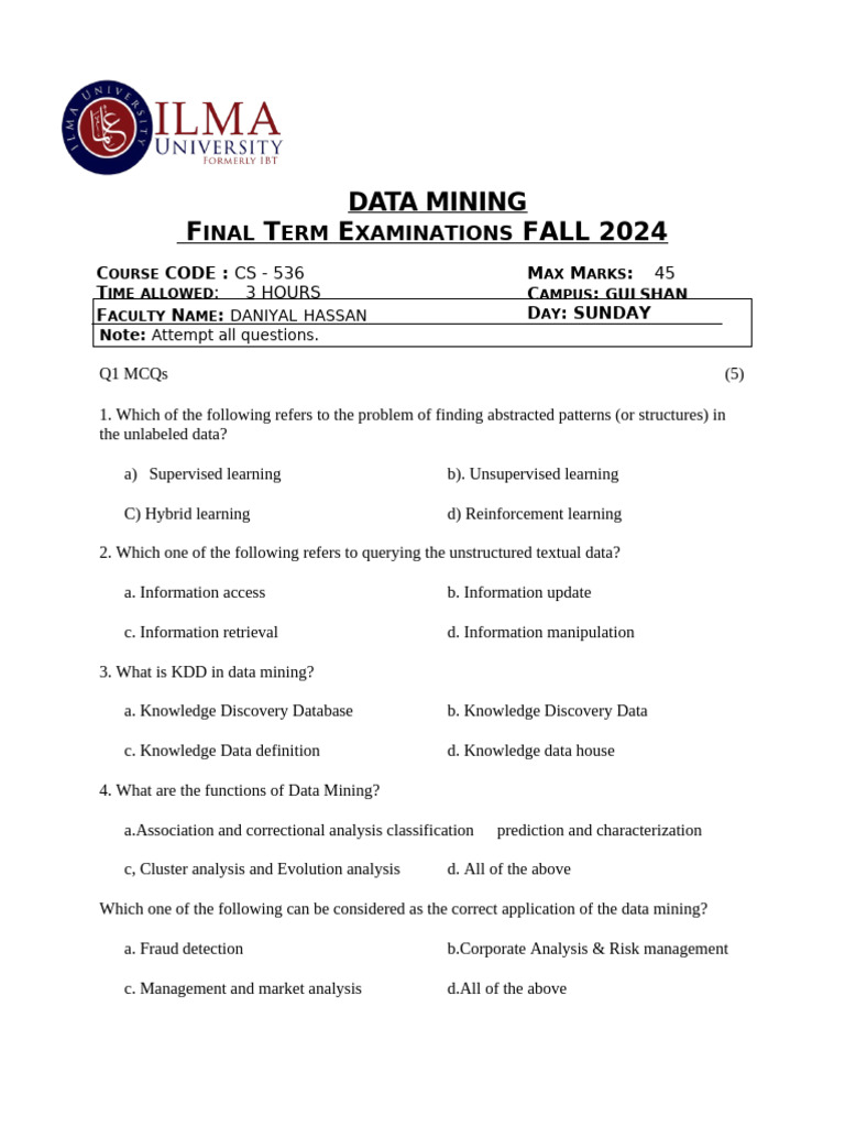 Data Mining Final Exam Fall 2024 | PDF