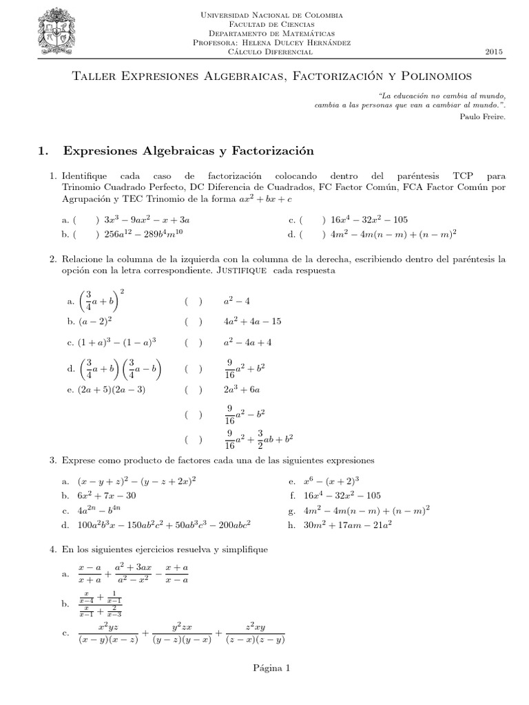 Taller de Cálculo: Expresiones Algebraicas y Polinomios | PDF ...
