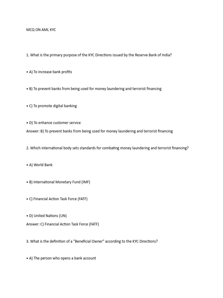 MCQ ON AML KYC | PDF | Financial Regulation | Terrorism Financing