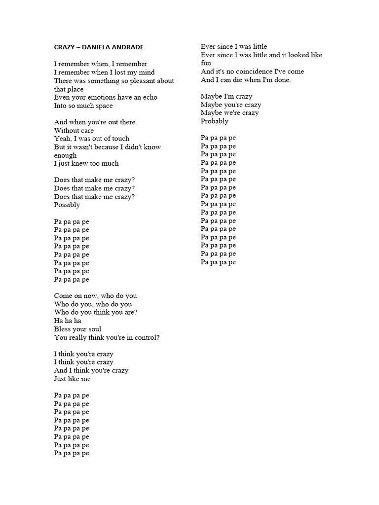 CRAZY Lyrics. Daniela Andrade | PDF