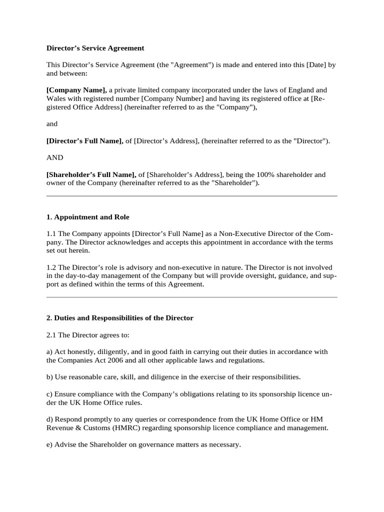 Director's Service Agreement Template | PDF | Board Of Directors | Justice