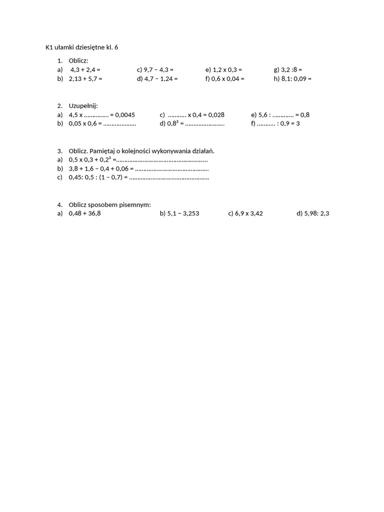 K1 Ułamki Dziesiętne Kl 6 Gr A | PDF