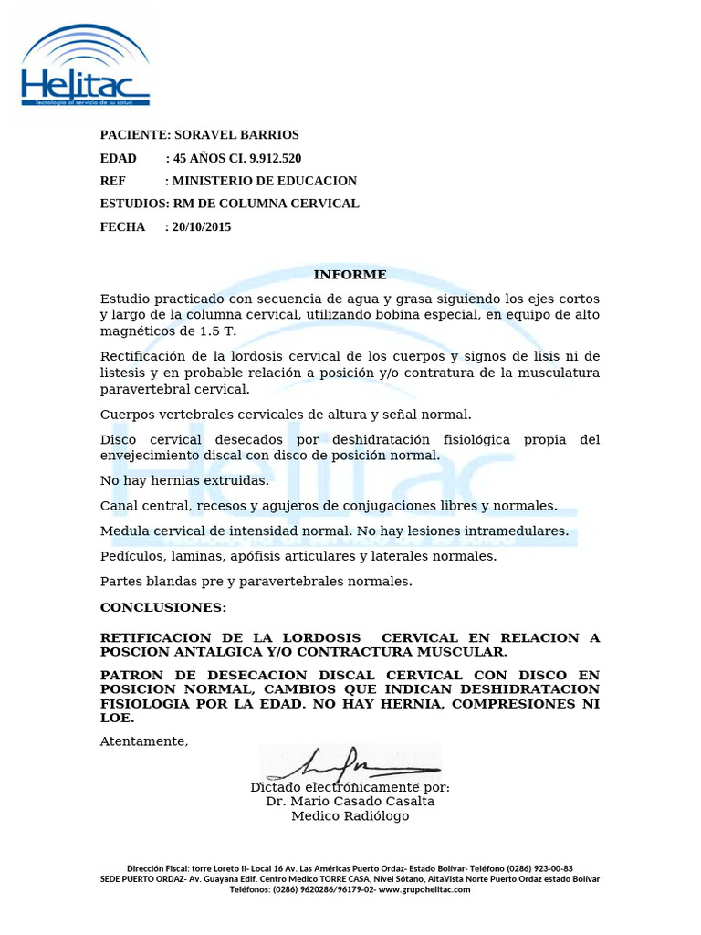 Informe de RM de Columna Cervical y Lumbar | PDF | La columna vertebral ...