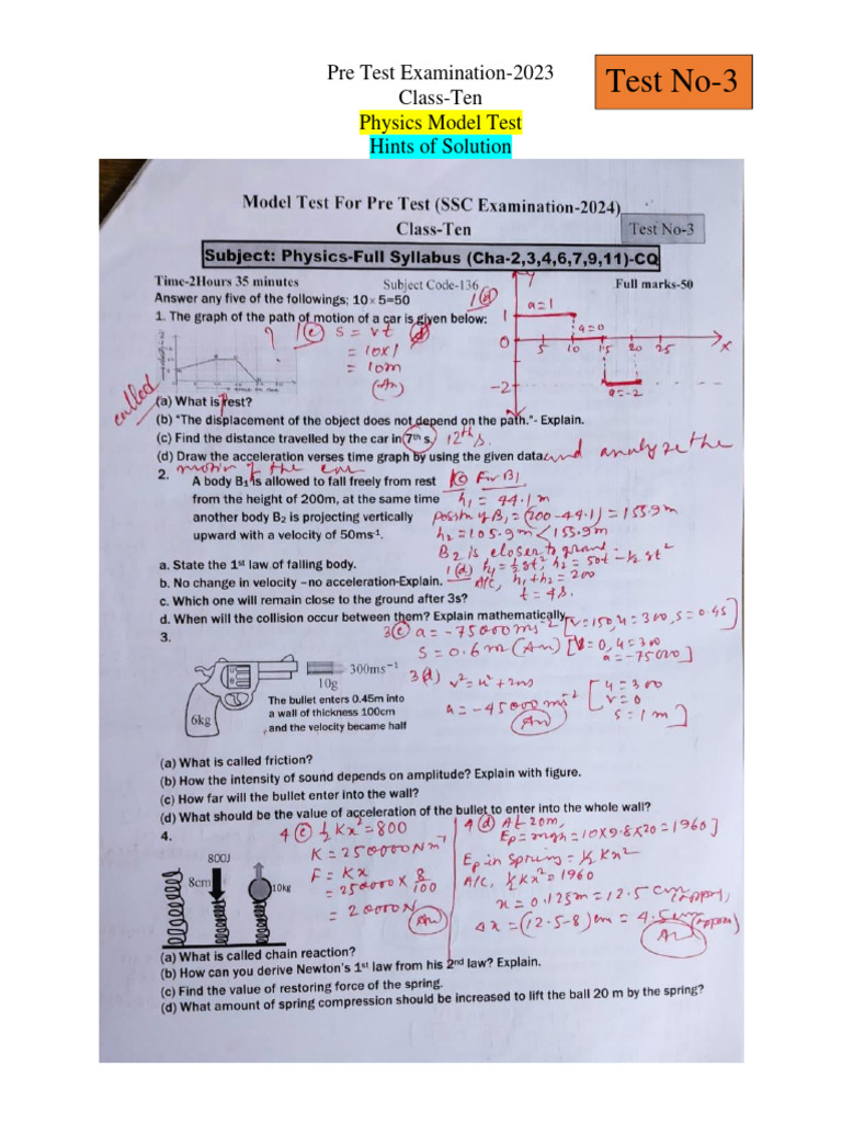 2023 Class 10 Physics Test 3 Solutions | PDF