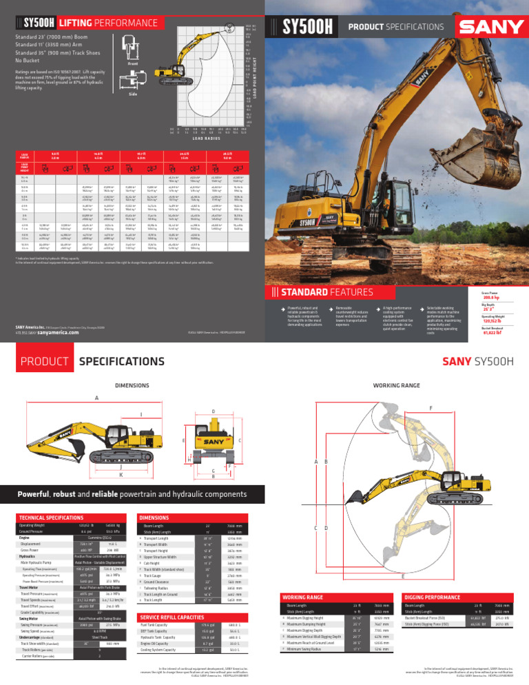 SANY SY500H Excavator Specifications | PDF | Pressure | Vehicles