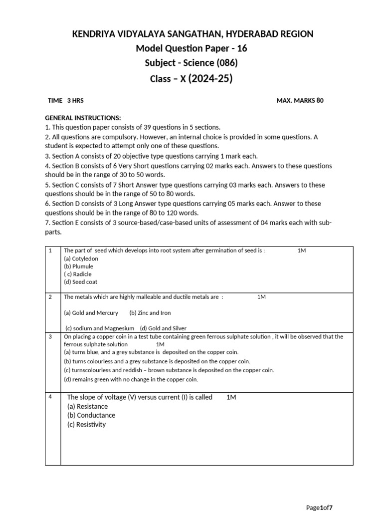 Class X Science Model Question Paper 2024 | PDF | Watt | Electric Power