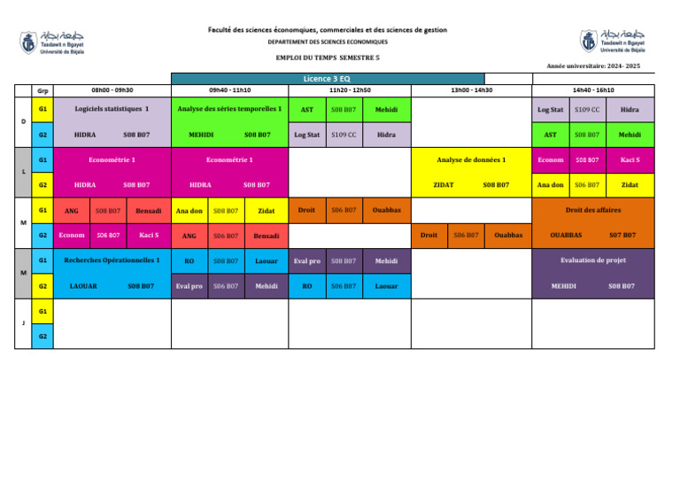 Emploi du temps Licence 3 EQ 2024-2025 | PDF