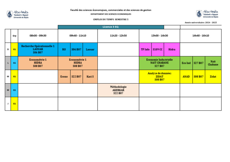 Emploi du Temps Licence 3 Semestre 5 | PDF