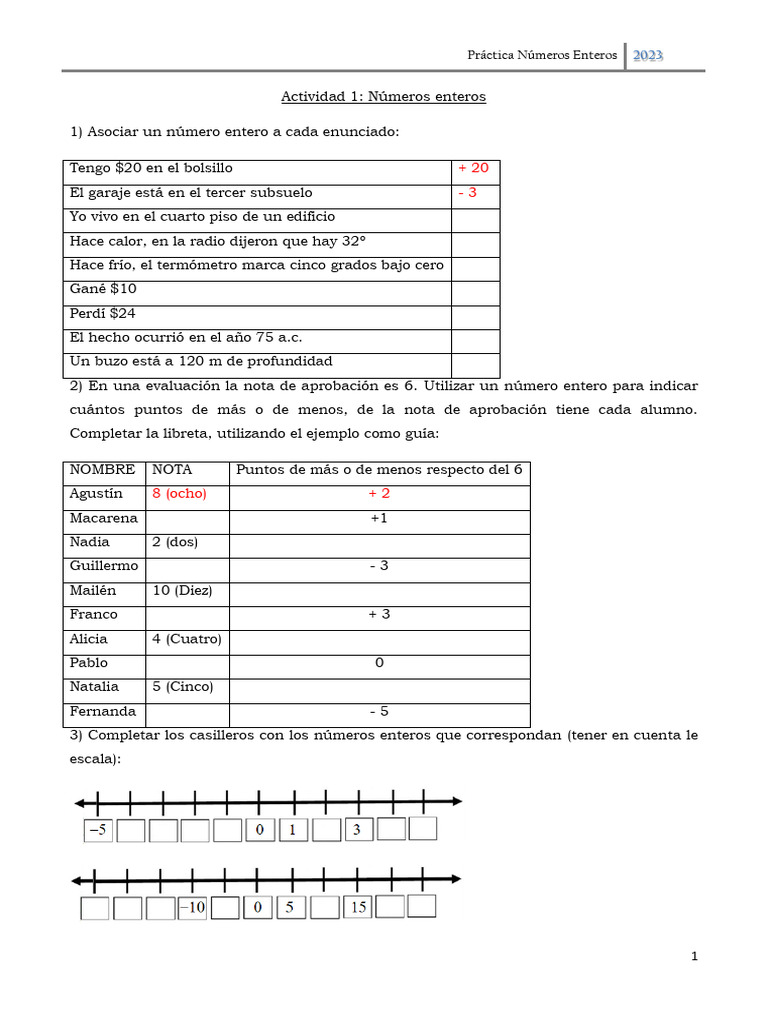 Práctica de Números Enteros: Ejercicios y Actividades | PDF | Entero ...