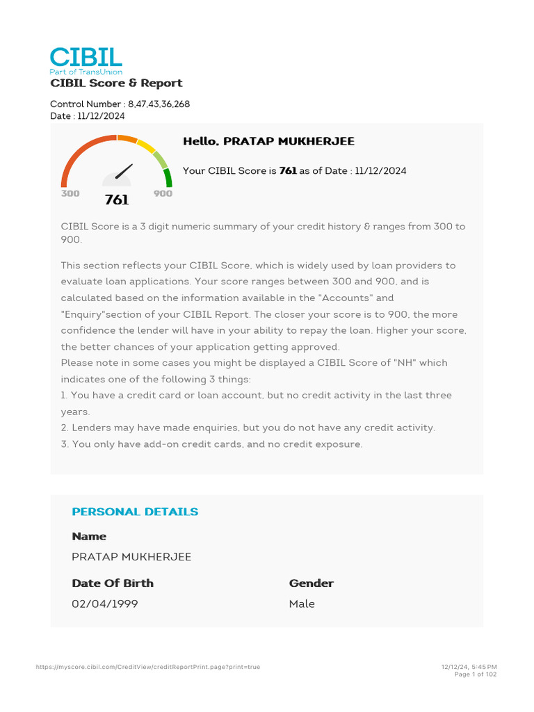 CIBIL Score Report for Pratap Mukherjee | PDF | Finance & Money ...