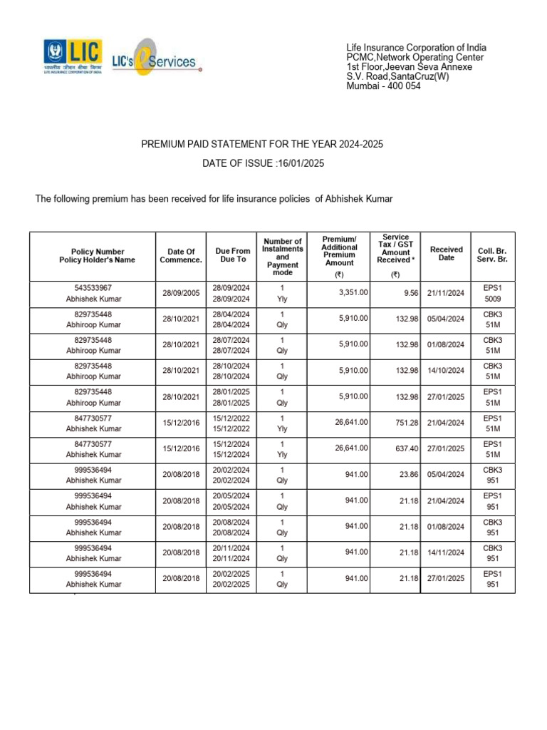LIC Premium Paid Statement 2024-2025 | PDF | Microeconomics | Service ...