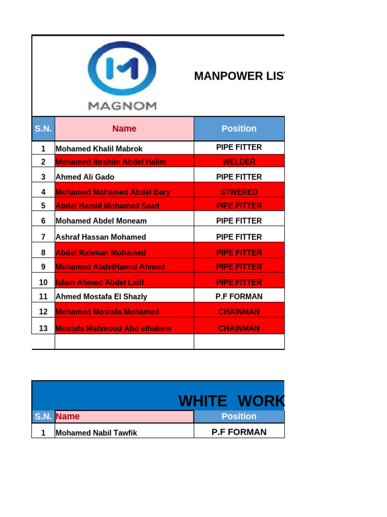 Manpower List for Dekhiela Project | PDF